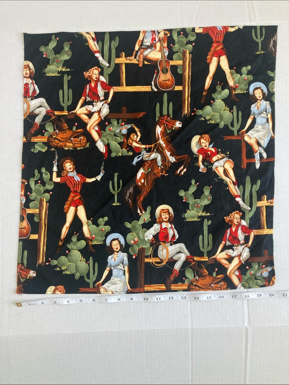 Cowgirl Pinup Print Cotton Bandanna Panel in Black, Red & Green